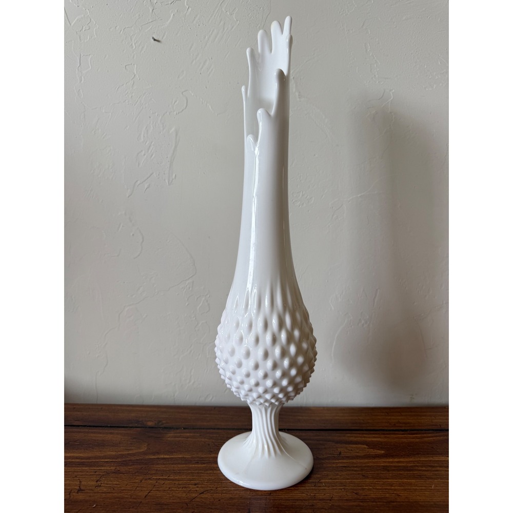 Fenton Milk Glass Hobnail Swung Vase Vintage 15.5 Inch White Pedestal Finger Rim